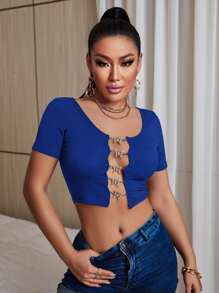 SHEIN SXY Camiseta crop con diseño de mariposa con abertura delantera - azul real - Ver 5