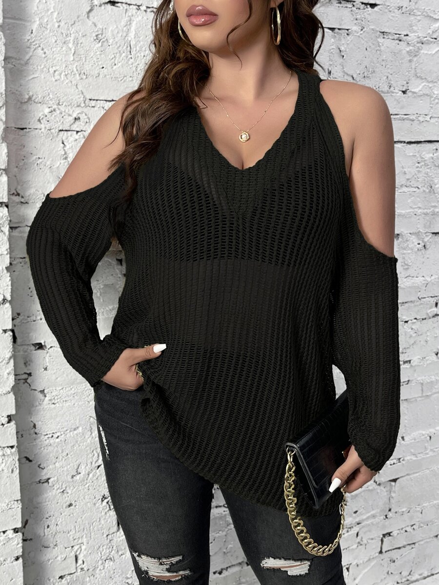 SHEIN LUNE Plus Cold Shoulder Solid Top Without Bra - Black - View 1