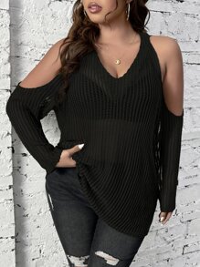 SHEIN LUNE Plus Cold Shoulder Solid Top Without Bra - Black - View 3