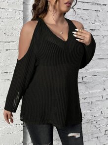 SHEIN LUNE Plus Cold Shoulder Solid Top Without Bra - Black - View 5