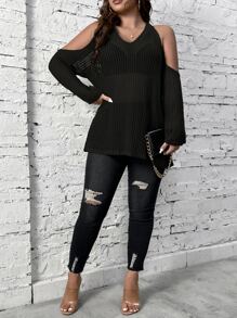 SHEIN LUNE Plus Cold Shoulder Solid Top Without Bra - Black - View 6