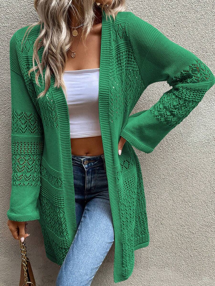 EMERY ROSE Pointelle Knit Duster Cardigan Fall Winter Cloth For Women - Green - View 1