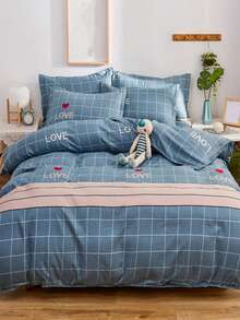 Letter & Plaid Pattern Duvet Cover Set Without Filler - Multicolor - View 1