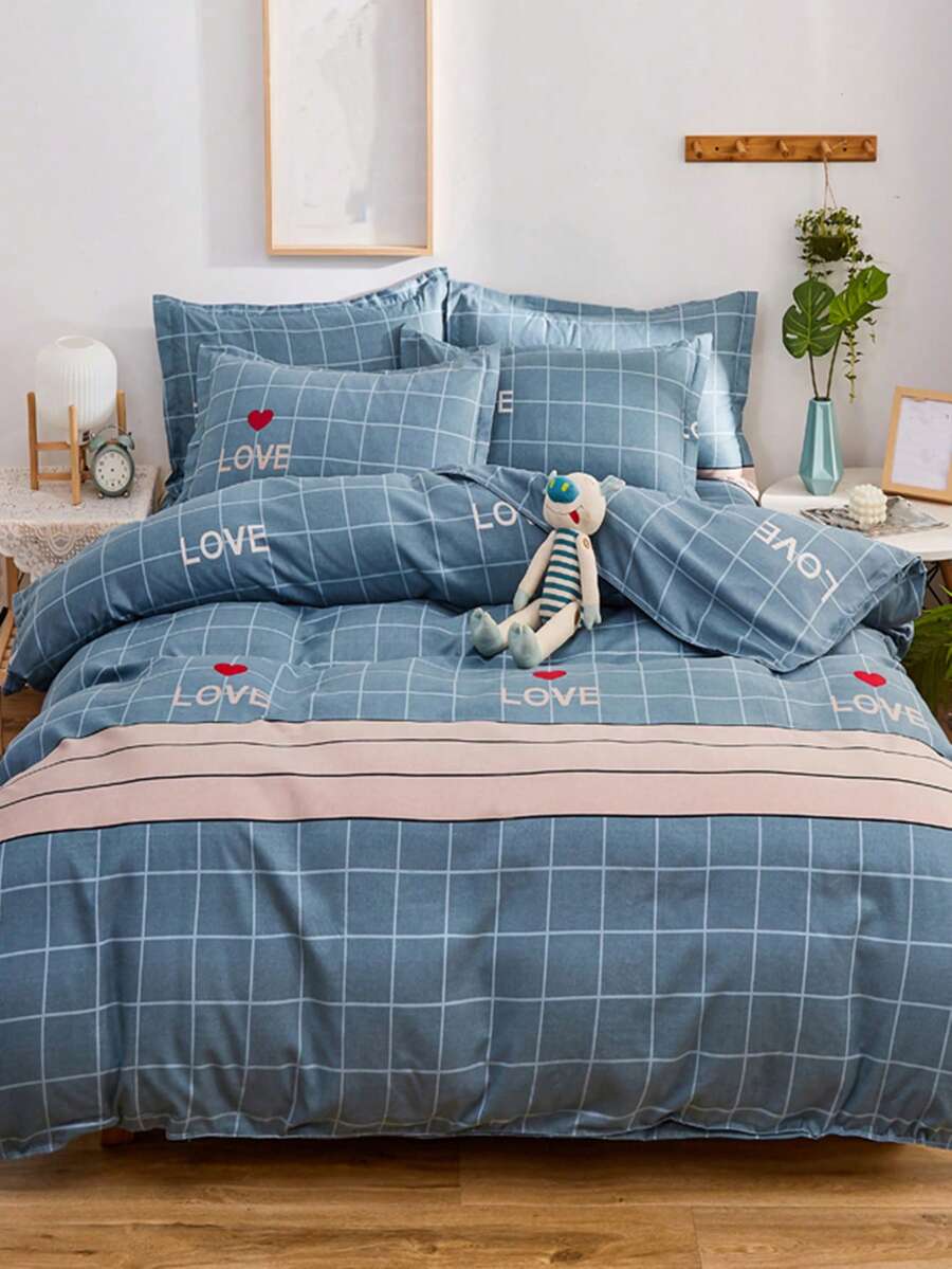Letter & Plaid Pattern Duvet Cover Set Without Filler - Multicolor - View 1