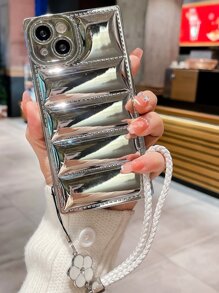 Plating Anti-fall Phone Case With Flower Decor Lanyard - Silver - View 1