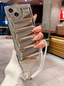 Plating Anti-fall Phone Case With Flower Decor Lanyard - Silver - View 2