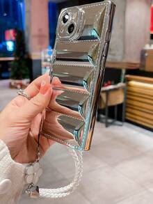 Plating Anti-fall Phone Case With Flower Decor Lanyard - Silver - View 3