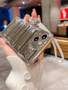 Plating Anti-fall Phone Case With Flower Decor Lanyard - Silver - View 4