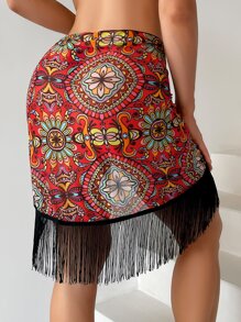 印花流蘇邊側打結沙灘纏腰式半身裙 - 彩色 - 查看 2