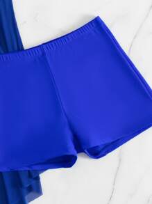 SHEIN Swim 單色坦基尼套裝抽繩不對稱下擺長款掛脖上衣和拳擊內褲兩件式泳衣 - 寶藍色 - 查看 4