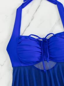 SHEIN Swim 單色坦基尼套裝抽繩不對稱下擺長款掛脖上衣和拳擊內褲兩件式泳衣 - 寶藍色 - 查看 5