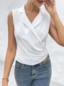 SHEIN Essnce Solid Wrap Detail Lapel Neck Sleeveless Blouse - White - View 1