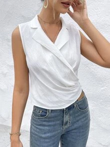 SHEIN Essnce Solid Wrap Detail Lapel Neck Sleeveless Blouse - White - View 3