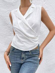 SHEIN Essnce Solid Wrap Detail Lapel Neck Sleeveless Blouse - White - View 6