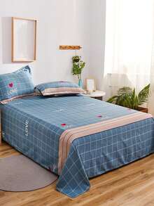 Letter & Plaid Pattern Duvet Cover Set Without Filler - Multicolor - View 3