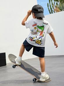 SHEIN 年轻男孩可爱舒适休闲卡通鳄鱼印花短袖上衣