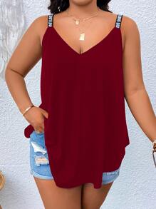 Calvaya Plus Contrast Letter Tape Cami Top - Burgundy - View 1