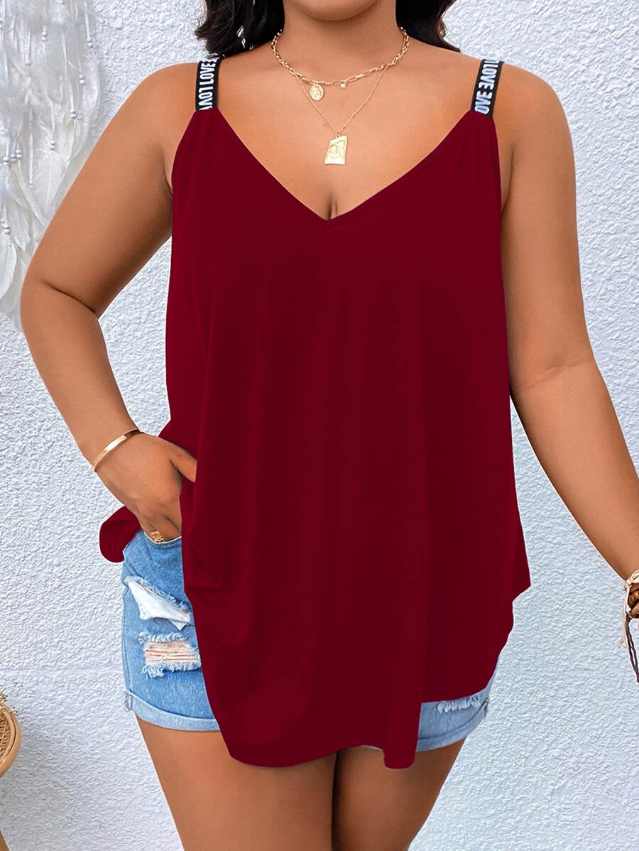 Calvaya Plus Contrast Letter Tape Cami Top - Burgundy - View 1