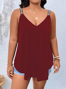Calvaya Plus Contrast Letter Tape Cami Top - Burgundy - View 3