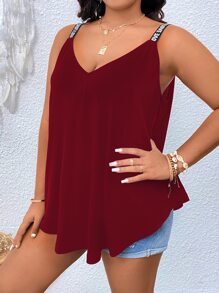 Calvaya Plus Contrast Letter Tape Cami Top - Burgundy - View 4