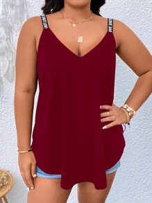Calvaya Plus Contrast Letter Tape Cami Top - Burgundy - View 6