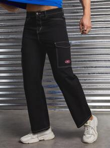 GENTILAND 男士字母刺繡側翻蓋口袋工裝牛仔褲