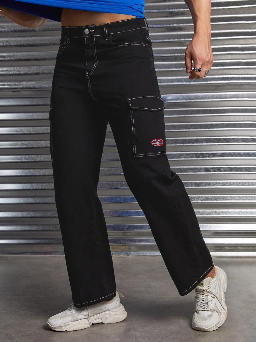 GENTILAND 男士字母刺繡側翻蓋口袋工裝牛仔褲