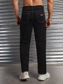 GENTILAND 男士字母刺繡側翻蓋口袋工裝牛仔褲