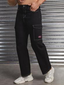 GENTILAND 男士字母刺繡側翻蓋口袋工裝牛仔褲