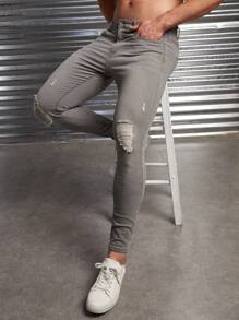 GENTILAND Men Ripped Skinny Jeans - Light Grey - View 4