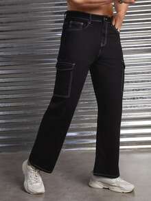 GENTILAND 男士字母刺繡側翻蓋口袋工裝牛仔褲