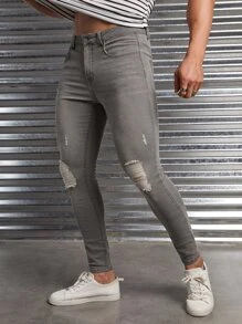 GENTILAND Men Ripped Skinny Jeans - Light Grey - View 6