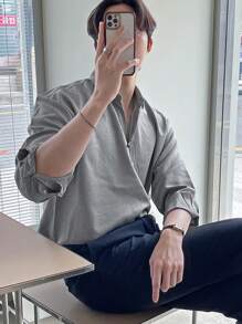 DAZY Hombres Camisa unicolor de hombros caídos - Gris - Ver 7