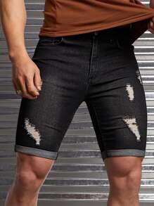 GENTILAND Men Cotton Ripped Roll Up Hem Denim Shorts - Black - View 1