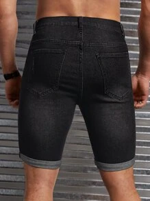 GENTILAND Men Cotton Ripped Roll Up Hem Denim Shorts - Black - View 2