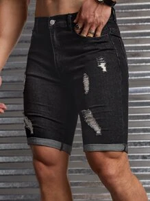 GENTILAND Men Cotton Ripped Roll Up Hem Denim Shorts - Black - View 3