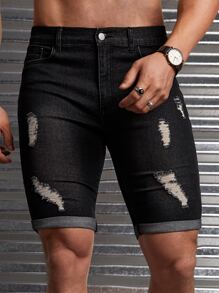 GENTILAND Men Cotton Ripped Roll Up Hem Denim Shorts - Black - View 4