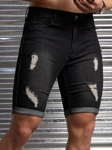 GENTILAND Men Cotton Ripped Roll Up Hem Denim Shorts - Black - View 5