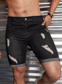 GENTILAND Men Cotton Ripped Roll Up Hem Denim Shorts - Black - View 6