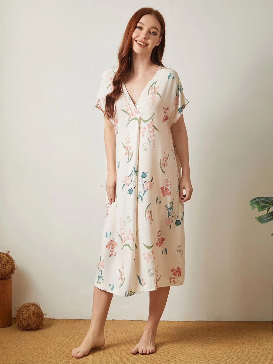 印花蝙蝠袖睡裙 - 彩色 - 查看 1