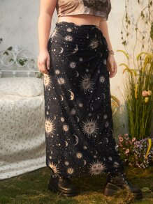 ROMWE Hippie Plus Sun & Moon Print Knot Side Mesh Skirt - Black - View 5