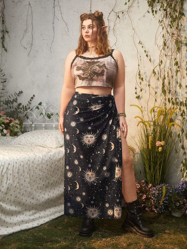 Plus Sun & Moon Print Knot Side Mesh Skirt