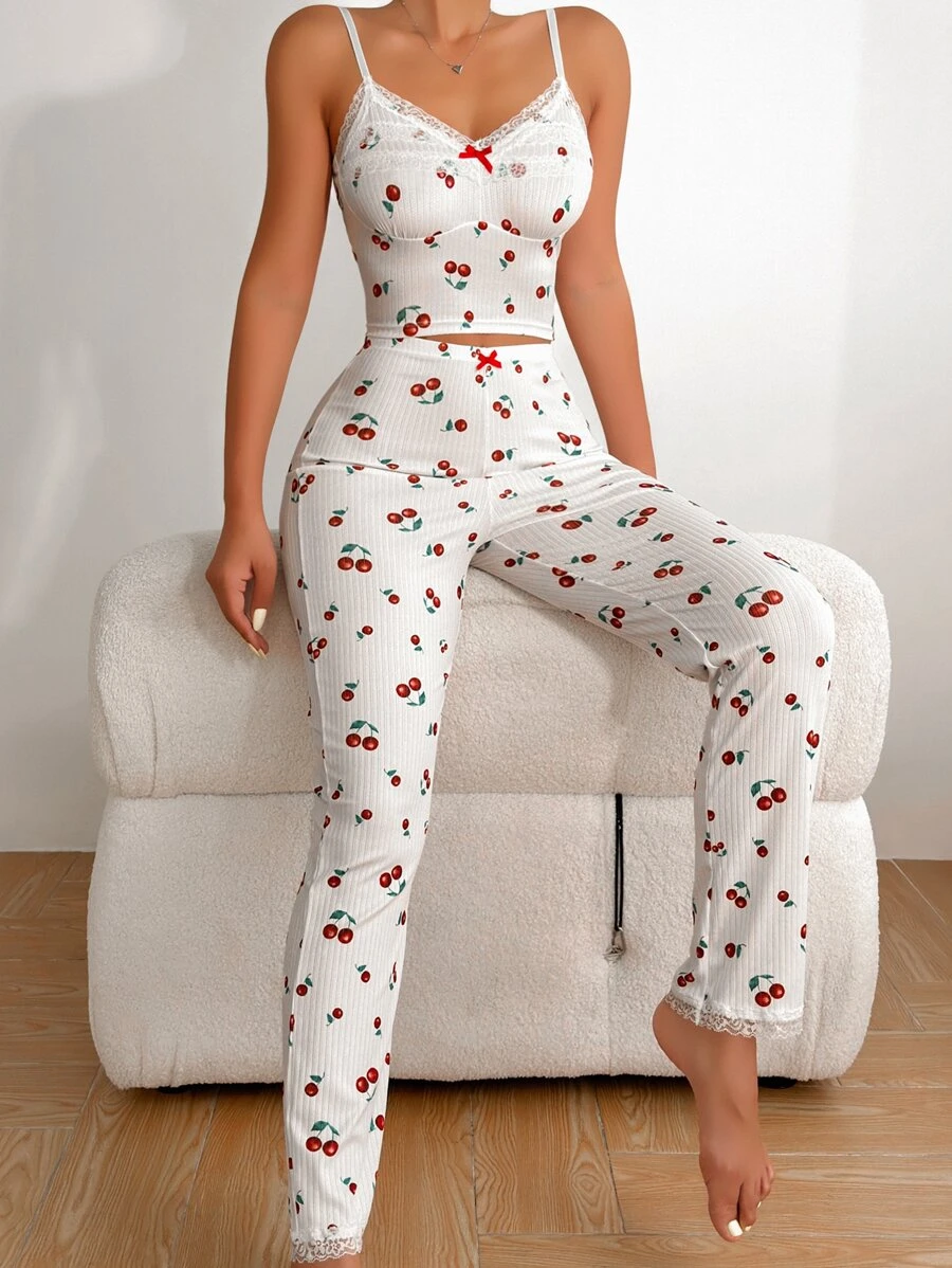 SHEIN Cherry Print Lace Trim Cami Top & Trousers PJ Set - White - View 1