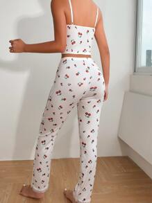 SHEIN Cherry Print Lace Trim Cami Top & Trousers PJ Set - White - View 2