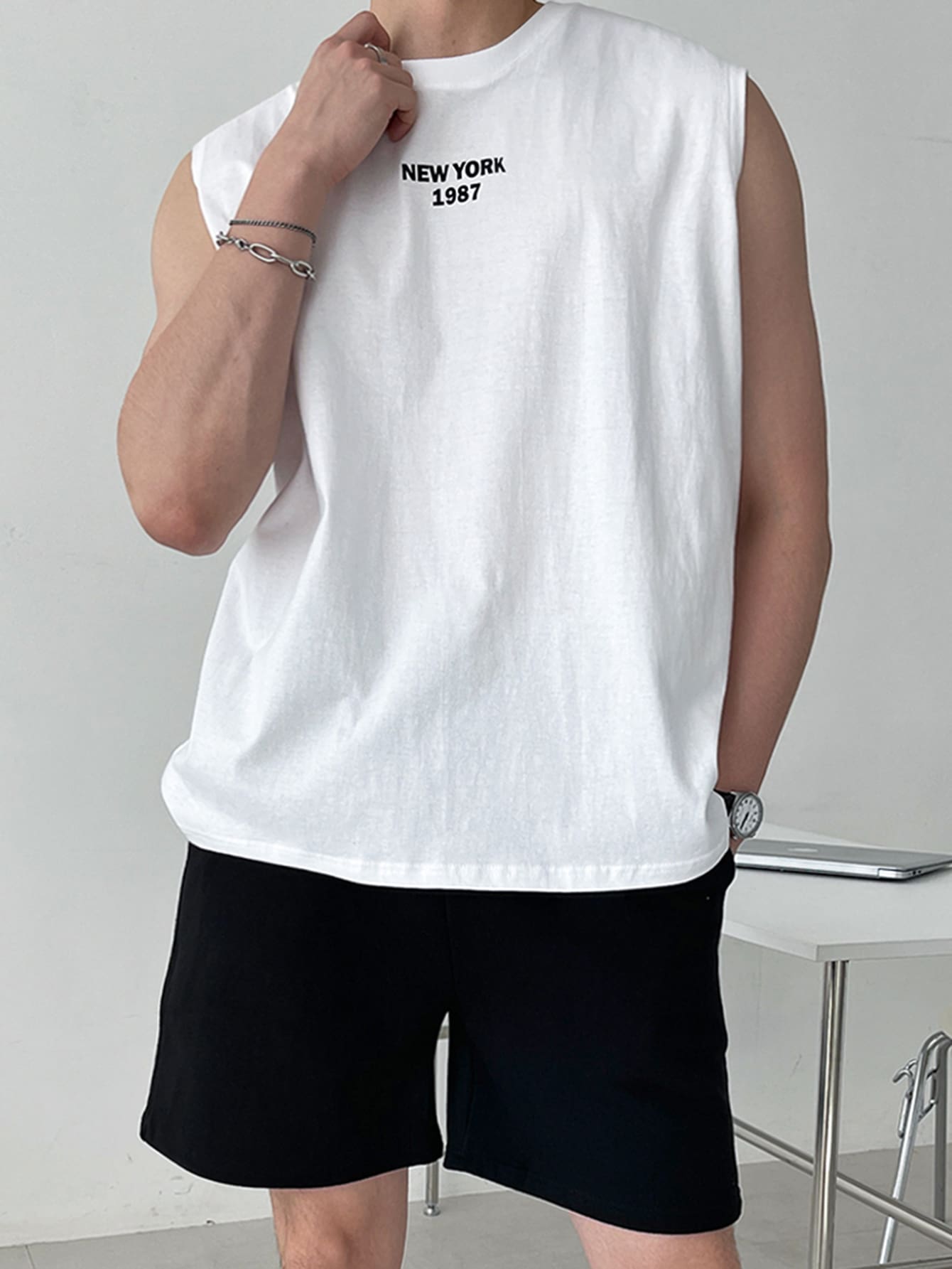 DAZY 男士棉標語圖案背心上衣 - 白色 - 查看 6