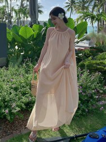 Solid Tie Back Halter Dress - Apricot - View 3