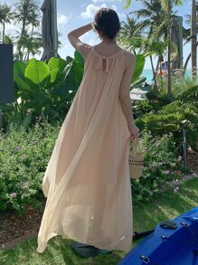 Solid Tie Back Halter Dress - Apricot - View 2
