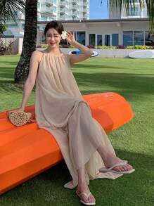 Solid Tie Back Halter Dress - Apricot - View 1