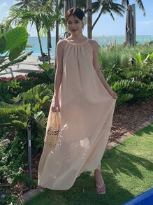 Solid Tie Back Halter Dress - Apricot - View 4