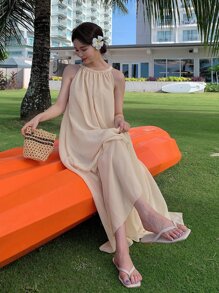Solid Tie Back Halter Dress - Apricot - View 5